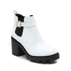 White faux patent leather booties